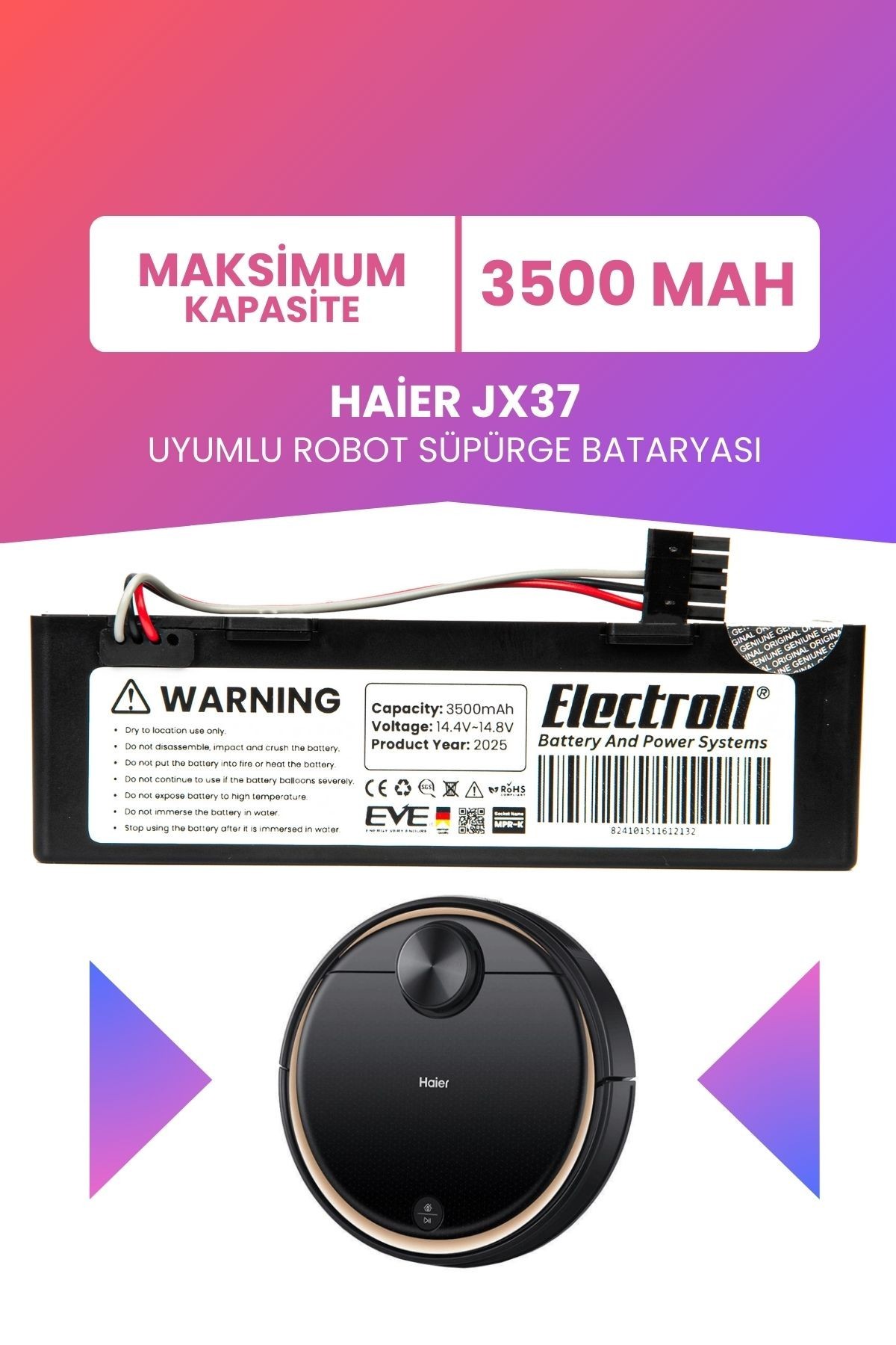 Haier Jx37 Uyumlu Batarya (MAKSİMUM KAPASİTE) 3500mah Kutulu Robot Süpürge Bataryası Değişimi