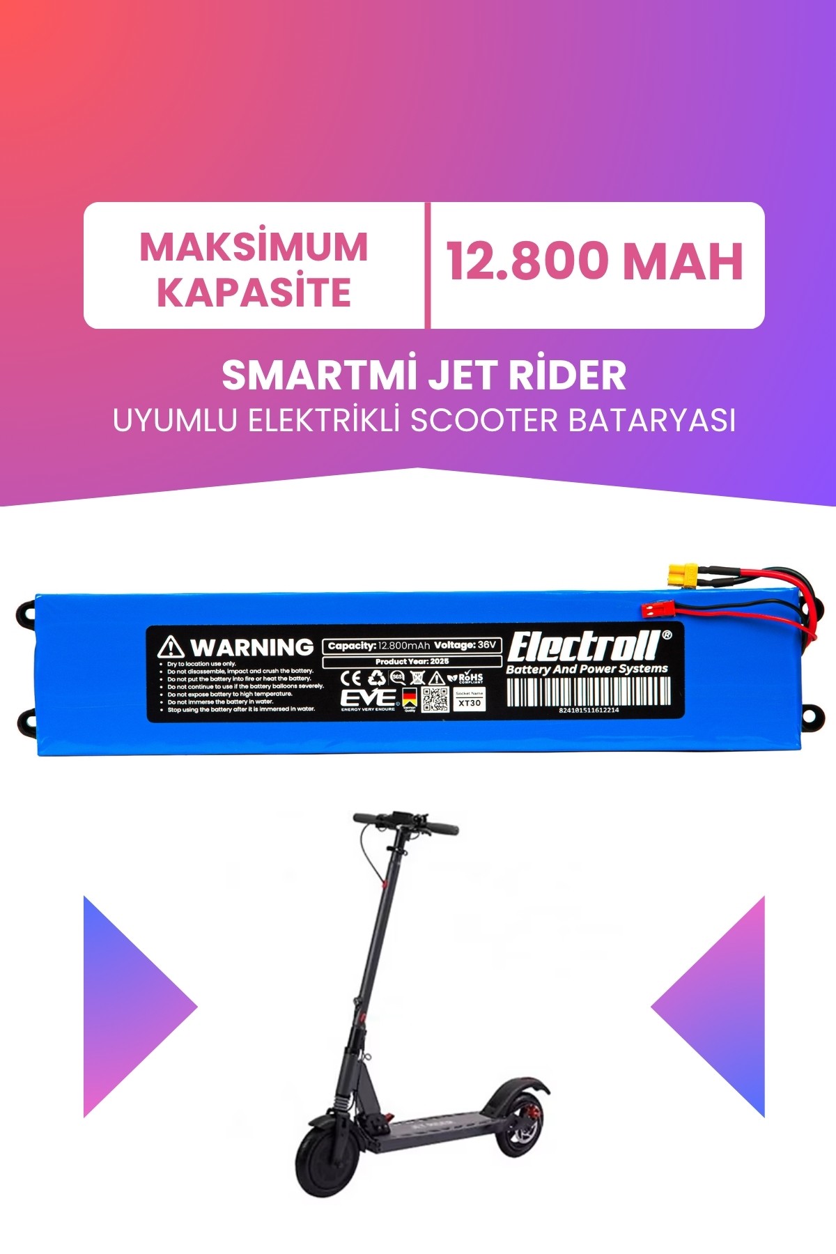Smartmi Jet Rider Uyumlu Batarya (Maksimum Kapasite) 36v 12.800Mah Elektrikli Scooter Bataryası
