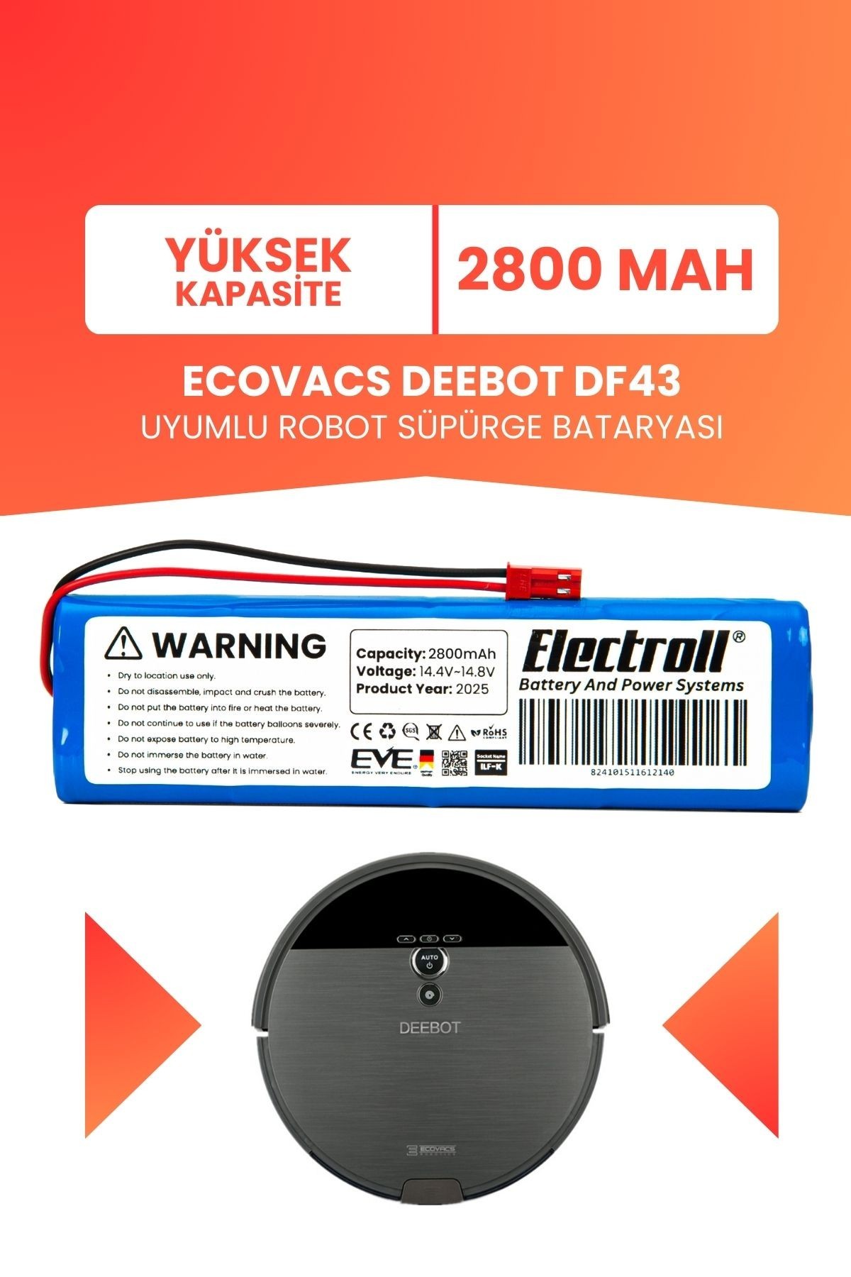 Ecovacs Deebot DF43 Uyumlu Batarya (YÜKSEK KAPASİTE) 2800mah Pil Robot Süpürge Bataryası Değişimi