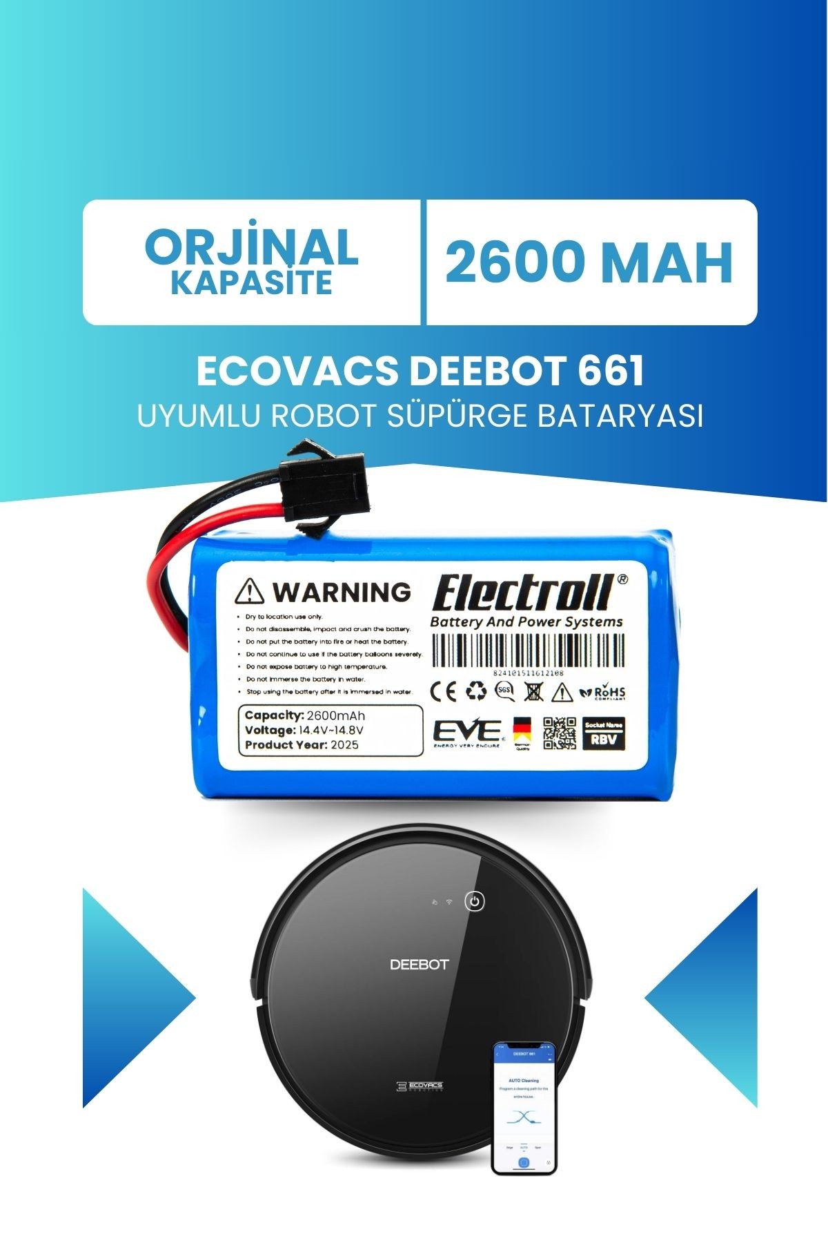 Ecovacs Deebot 661 Uyumlu Batarya (ORJİNAL KAPASİTE) 2600mah Pil Robot Süpürge Bataryası