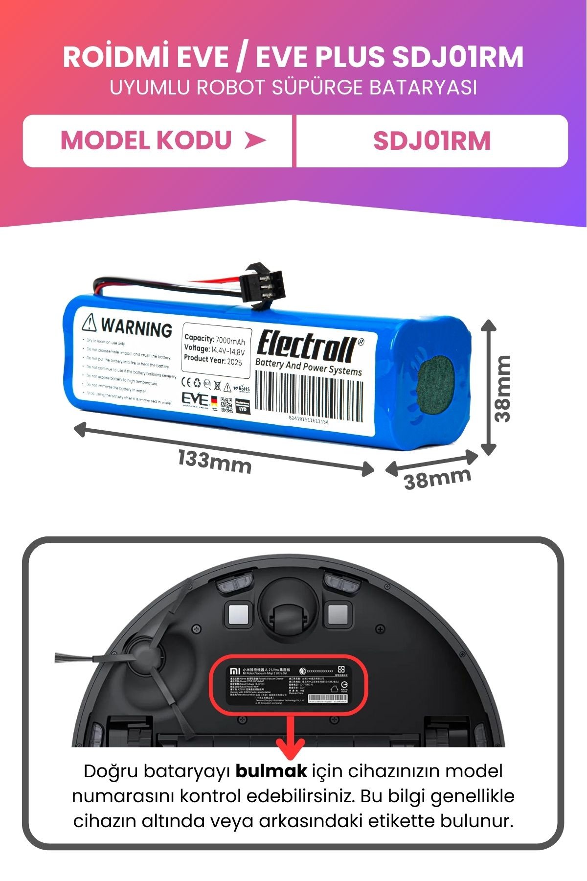 Roidmi Eve / Eve Plus Sdj01rm Uyumlu Batarya (MAKSİMUM KAPASİTE) 7000mah Pil Robot Süpürge Bataryası