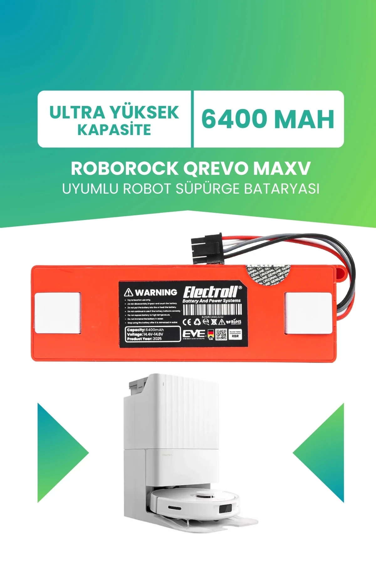 ROBOROCK QREVO MAXV Uyumlu Batarya (Ultra yüksek Kapasite) 6400MAH Pil Robot Süpürge Batarya Değişimi