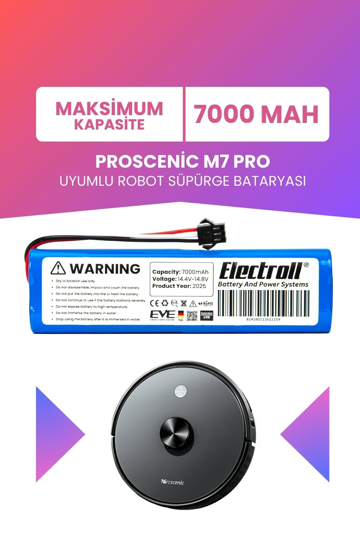 Proscenic M7 Pro Uyumlu Batarya (Maksimum Kapasite) 7000MAH Pil Robot Süpürge Bataryası Değişimi