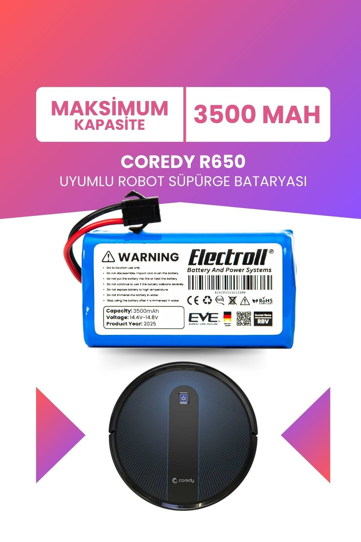 Coredy R650 Uyumlu Batarya (MAKSİMUM KAPASİTE) 3500mah Pil Akıllı Robot Süpürge Bataryası