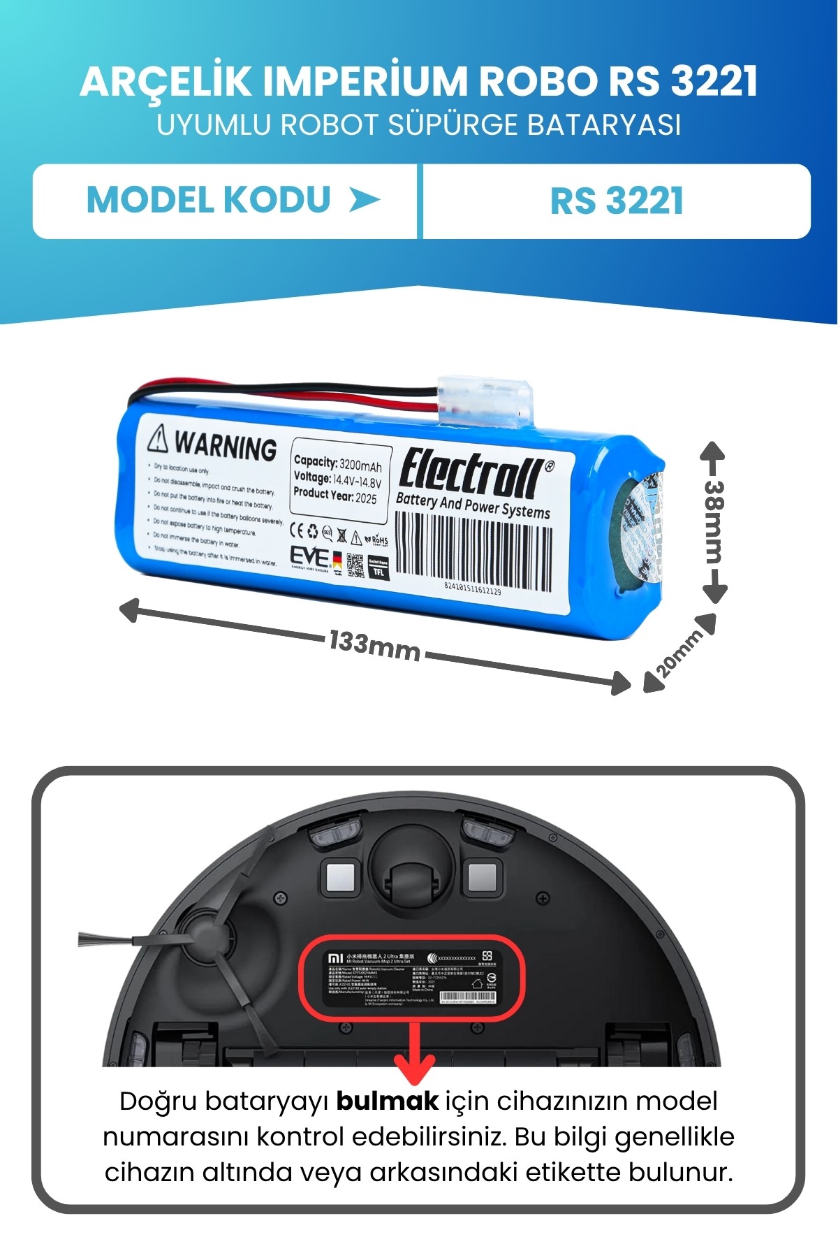 Arçelik Imperium Robo Rs 3221 Uyumlu Batarya (STANDART KAPASİTE) 3200mah Robot Süpürge Bataryası