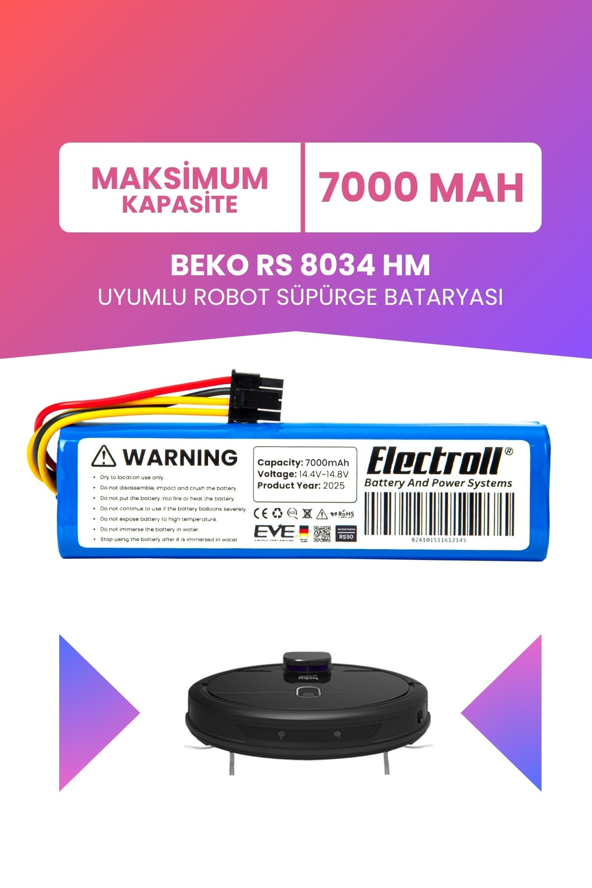 Beko Rs 8034 Hm Uyumlu Batarya (MAKSİMUM KAPASİTE) 7000mah Robot Süpürge Bataryası