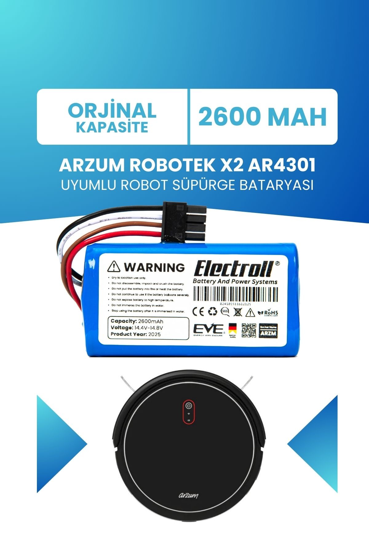 Arzum Robotek X2 Ar4301 Uyumlu Batarya (ORJİNAL KAPASİTE) 2600mah Pil Akıllı Robot Süpürge Bataryası