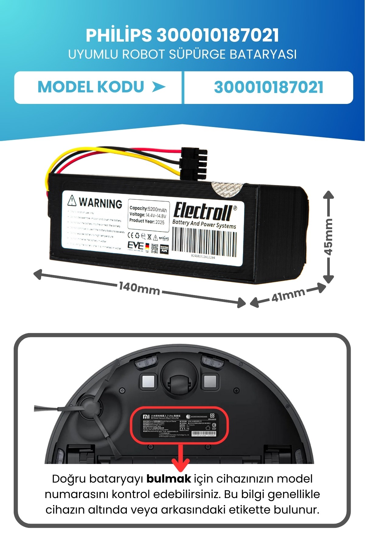 Philips 300010187021 Robot Süpürge Bataryası (ORJİNAL KAPASİTE) 5200MAH Robot Süpürge Batarya