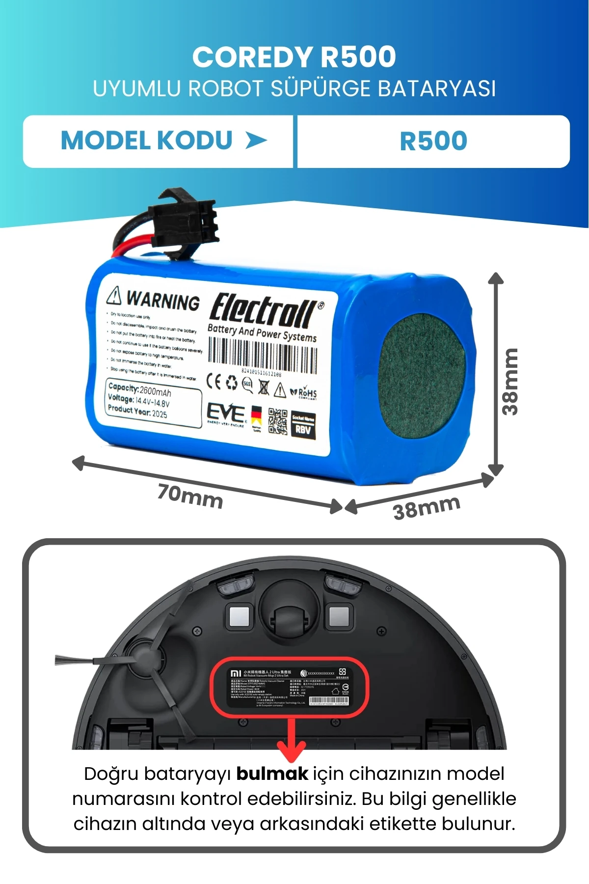 Coredy R500 Uyumlu Batarya (ORJİNAL KAPASİTE) 2600mah Pil Akıllı Robot Süpürge Bataryası