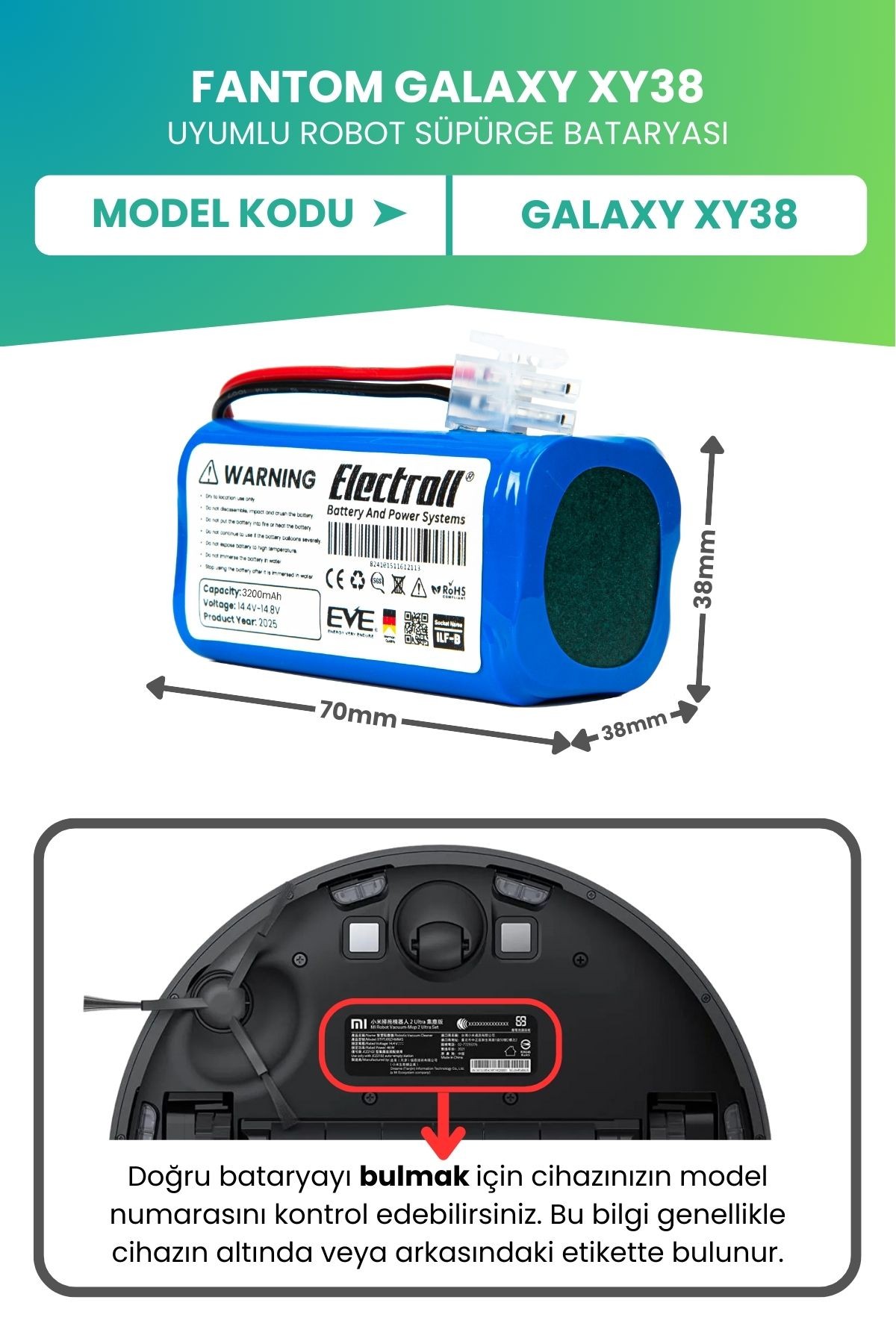 Fantom Galaxy XY38 Uyumlu Batarya (ULTRA YÜKSEK KAPASİTE) 3200mah Pil Robot Süpürge Bataryası
