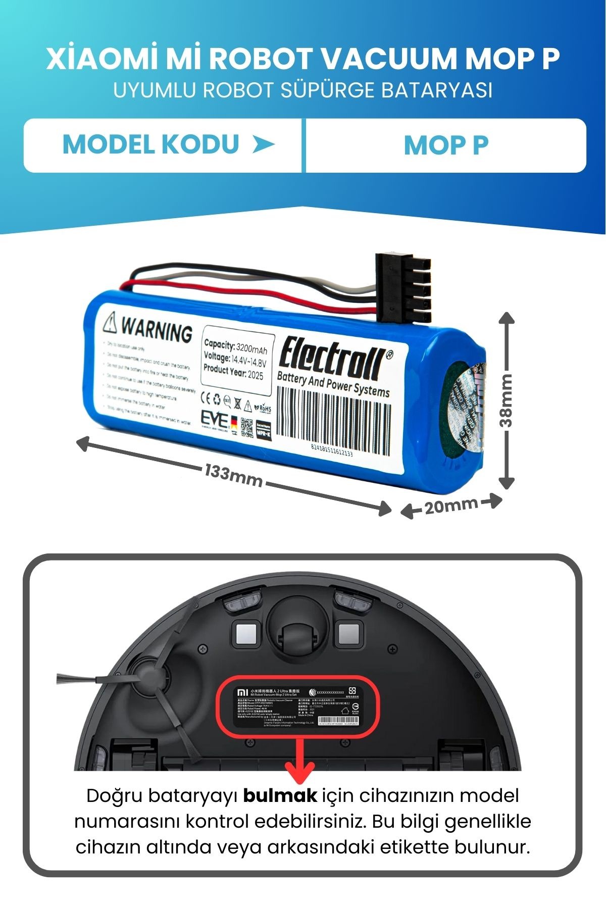 Xiaomi Mi Robot Vacuum Mop P Uyumlu Batarya (ORJİNAL KAPASİTE) 3200mah Pil Robot Süpürge Bataryası