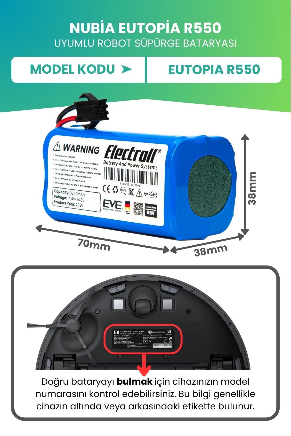Nubia Eutopia R550 Uyumlu Batarya (ULTRA YÜKSEK KAPASİTE) 3200mah Pil Robot Süpürge Bataryası