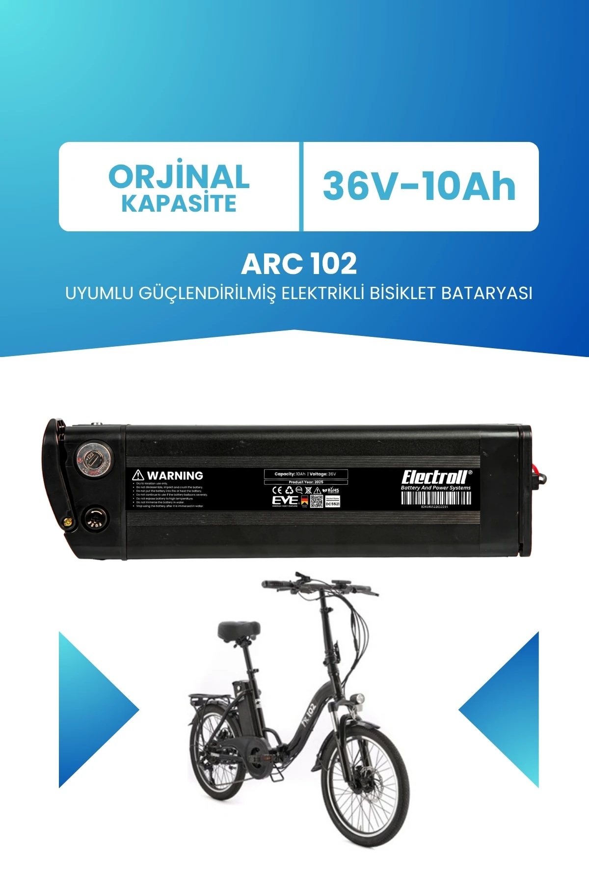 Arc 102 Uyumlu 36V 10Ah Güçlendirilmiş Elektrikli Bisiklet Bataryası