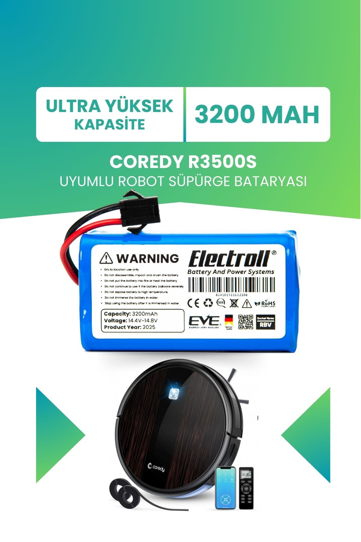 Coredy R3500s Uyumlu Batarya (ULTRA YÜKSEK KAPASİTE) 3200mah Pil Akıllı Robot Süpürge Bataryası