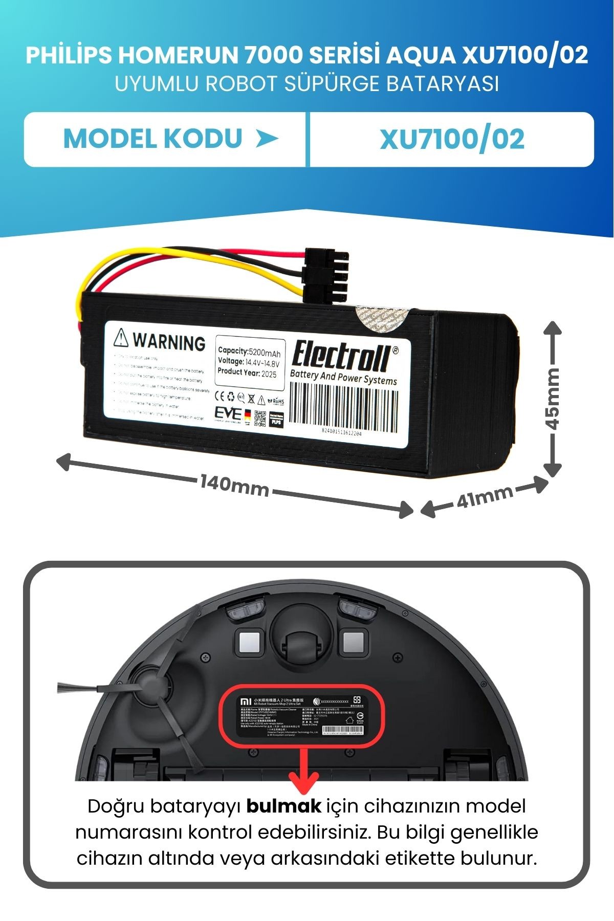Philips Homerun 7000 Serisi Aqua Xu7100/02 Batarya (ORJİNAL KAPASİTE) 5200mah Robot Süpürge Pili