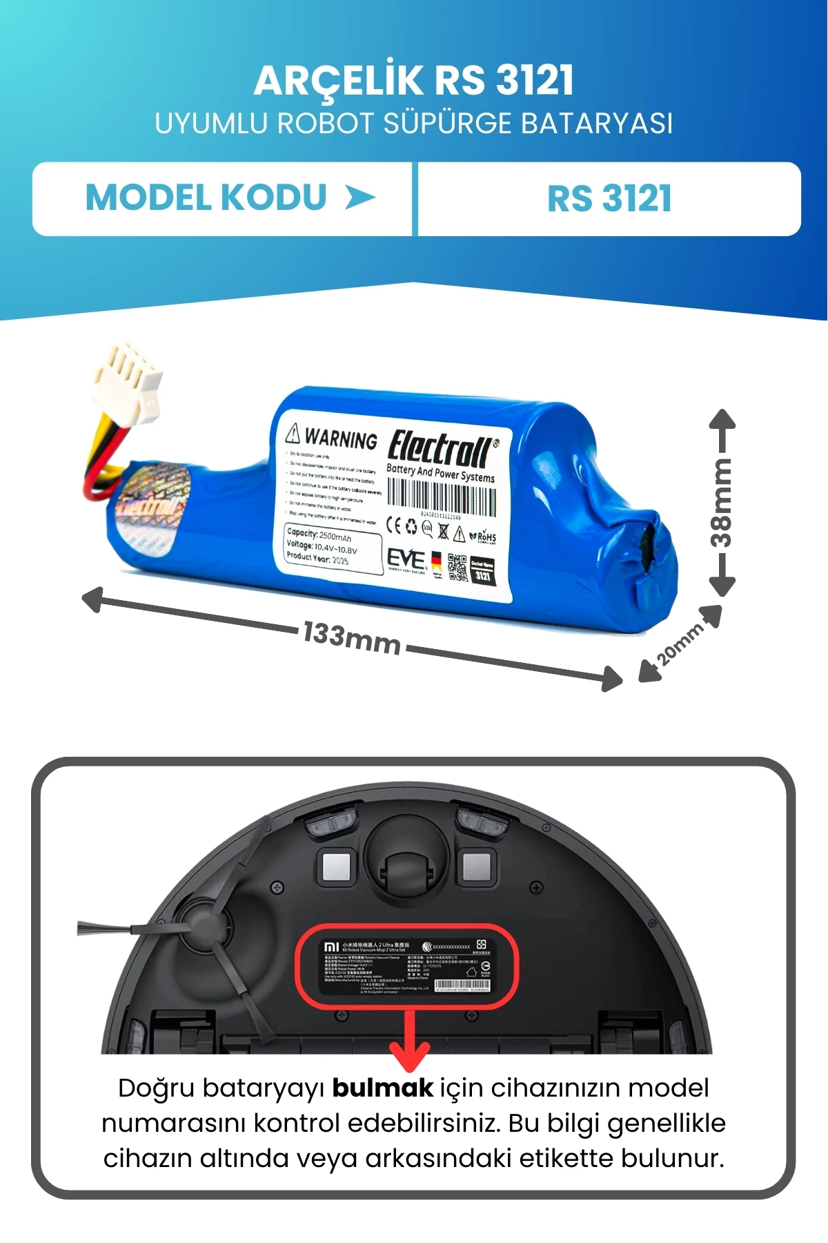 Arçelik Rs 3121 Uyumlu Batarya (ORJİNAL KAPASİTE) 2500mah Pil Robot Süpürge Bataryası Değişimi