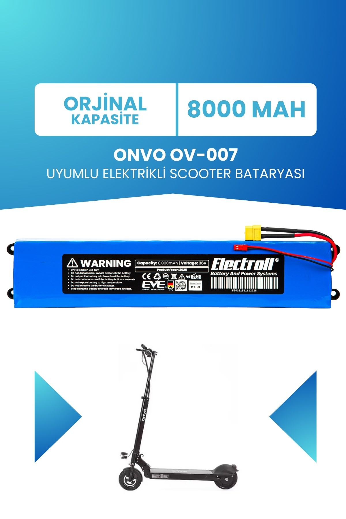 Onvo Ov-007 Uyumlu Batarya (ORJİNAL KAPASİTE) 36v 8000mah Pil Elektrikli Scooter Bataryası Değişimi