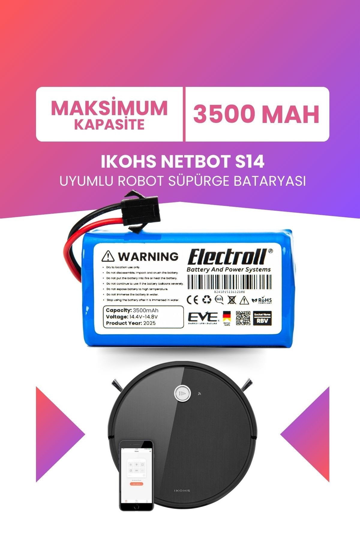 Ikohs Netbot S14 Uyumlu Batarya (MAKSİMUM KAPASİTE) 3500mah Pil Robot Süpürge Bataryası