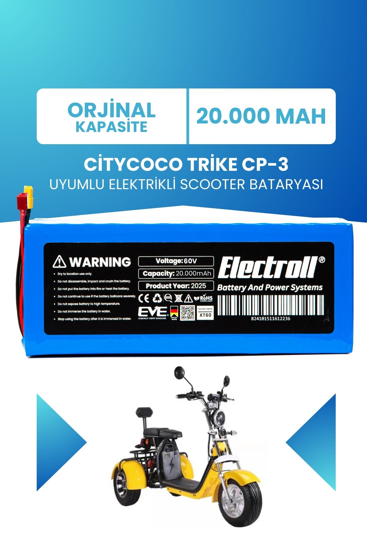 Citycoco Trike CP-3 Scooter Batarya (ORJİNAL KAPASİTE) LiFePO4 60V 20AH Elektrikli Scooter Bataryası
