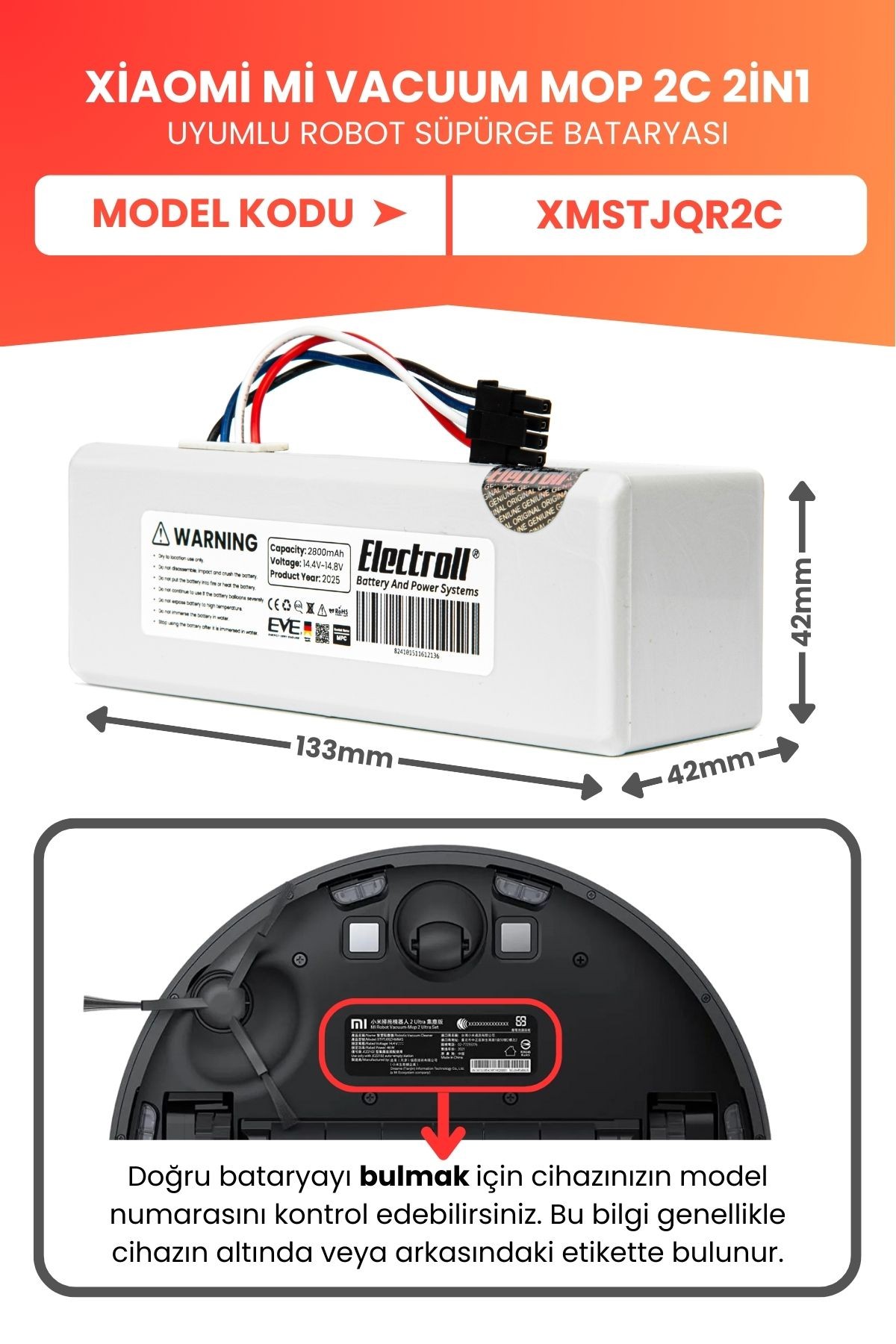 Xiaomi Mi Vacuum Mop 2c 2in1 Uyumlu Batarya (YÜKSEK KAPASİTE) 2800mah Robot Süpürge Pil XMSTJQR2C