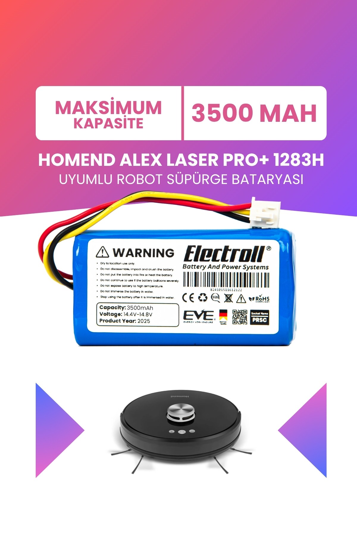 Homend Alex Laser Pro+ 1283H Uyumlu Batarya (MAKSİMUM KAPASİTE) 3500mah Pil Robot Süpürge Bataryası