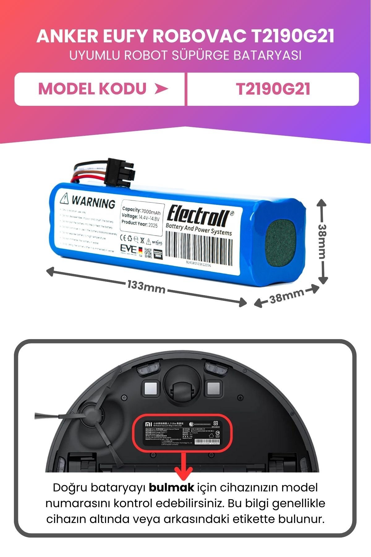 Anker Eufy Robovac T2190G21 Uyumlu Batarya (MAKSİMUM KAPASİTE) 7000mah Pil Robot Süpürge Bataryası