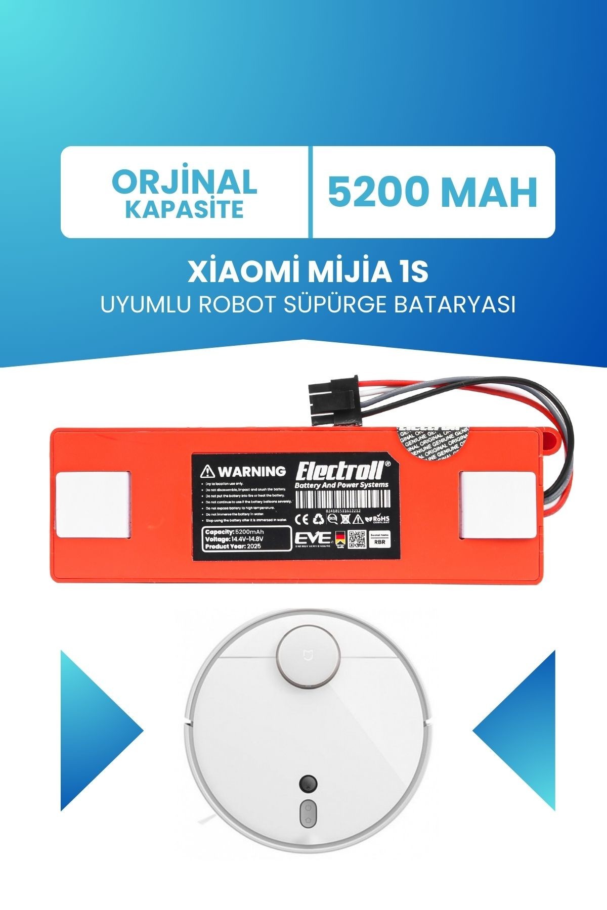 Xiaomi Mijia 1s Uyumlu Batarya (ORJİNAL KAPASİTE) 5200mah Kutulu Robot Süpürge Bataryası Değişimi