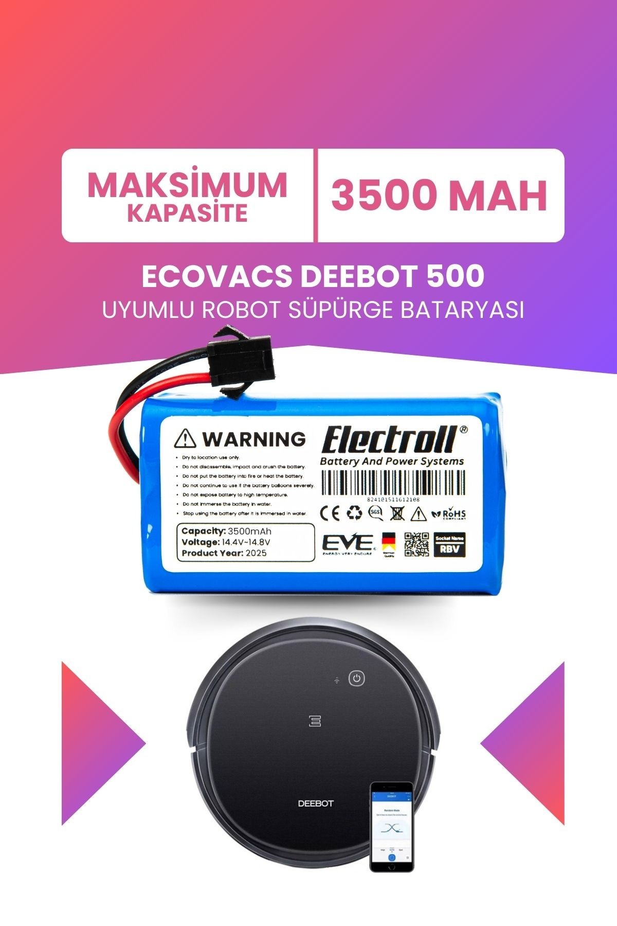 Ecovacs Deebot 500 Uyumlu Batarya (MAKSİMUM KAPASİTE) 3500mah Pil Robot Süpürge Bataryası