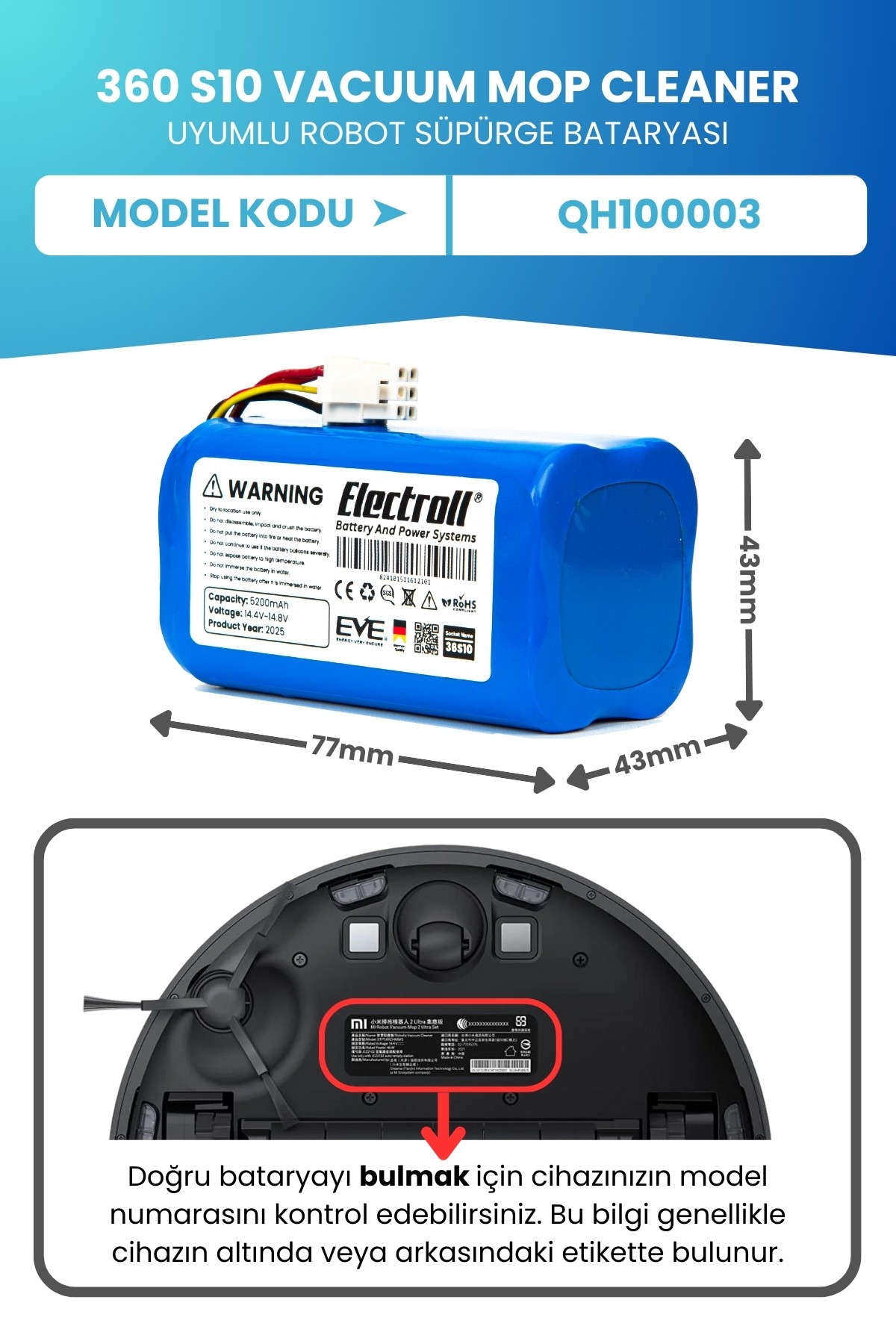 360 S10 Vacuum Mop Cleaner Batarya (ORJİNAL KAPASİTE) 5200mah Pil Robot Süpürge Bataryası Qh100003