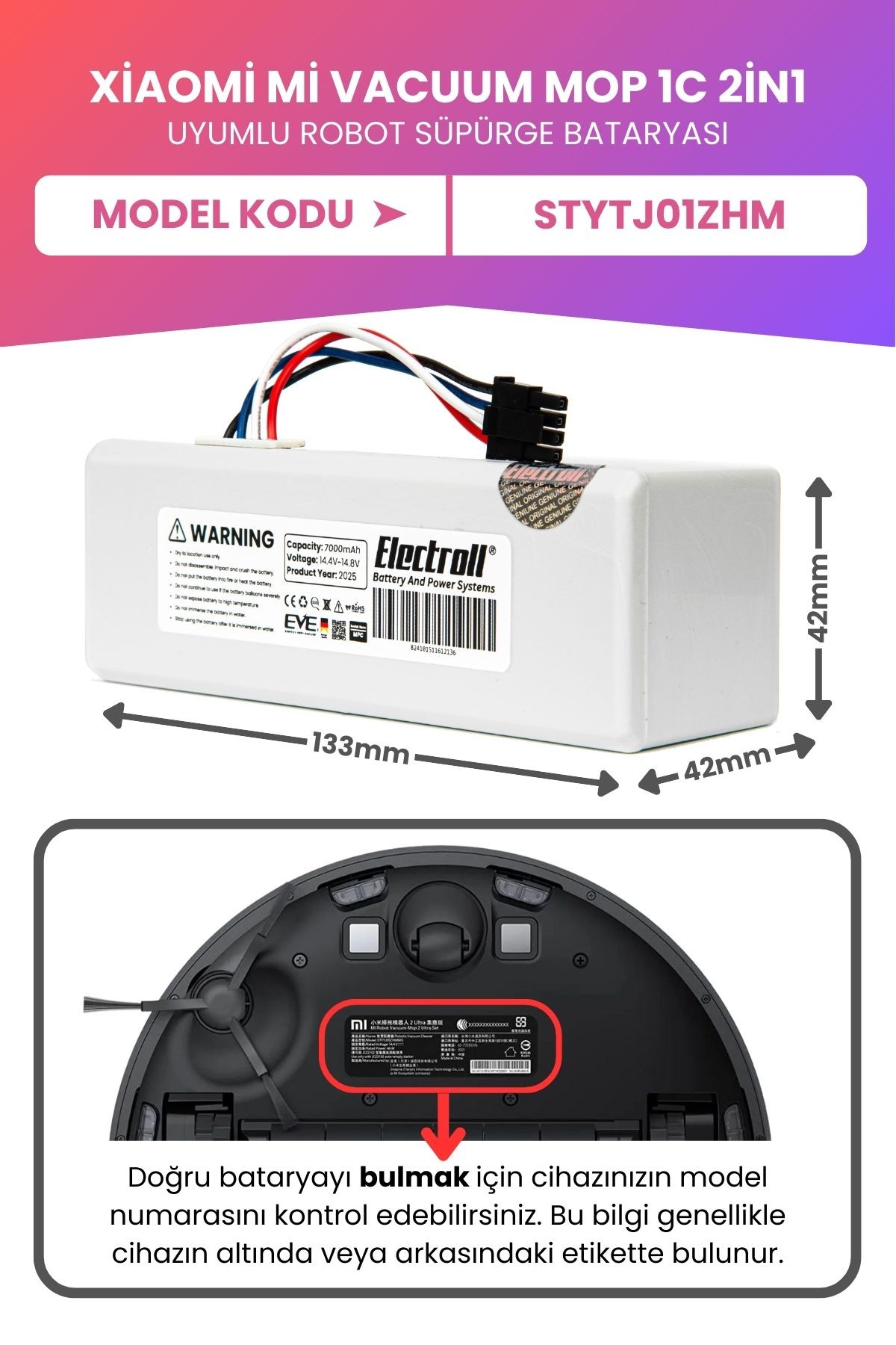 Xiaomi Mi Vacuum Mop 1c 2in1 Uyumlu Batarya (MAKSİMUM KAPASİTE) 7000mah Robot Süpürge STYTJ01ZHM