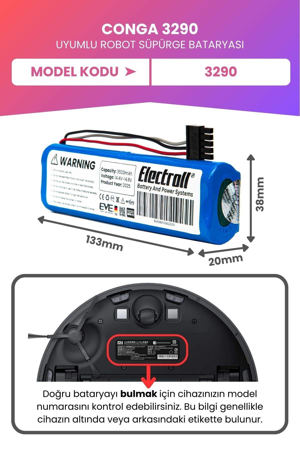 Conga 3290 Uyumlu Batarya (MAKSİMUM KAPASİTE) 3500mah Pil Robot Süpürge Bataryası Değişimi