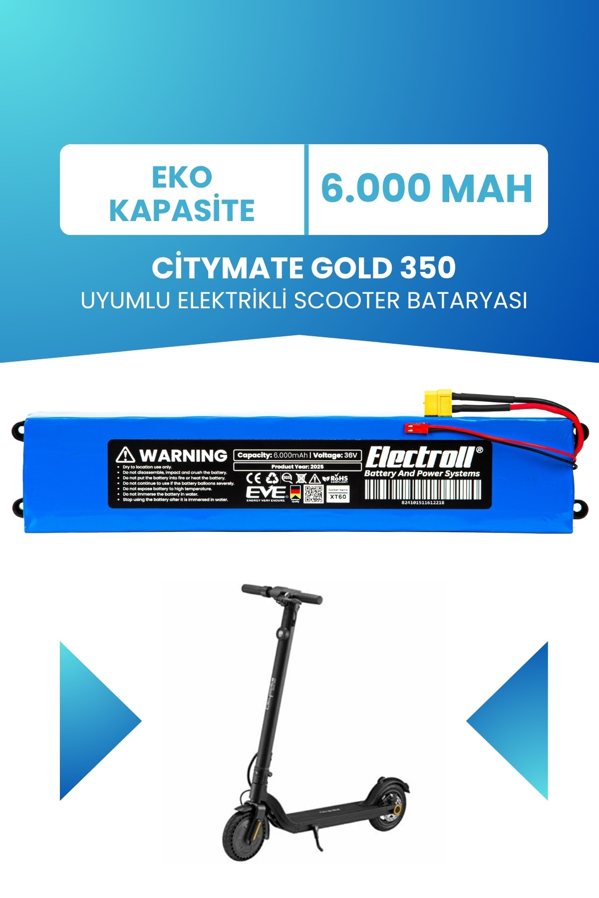 Citymate Gold 350 Uyumlu Batarya (Eko Kapasite) 36v 6.000Mah Elektrikli Scooter Bataryası