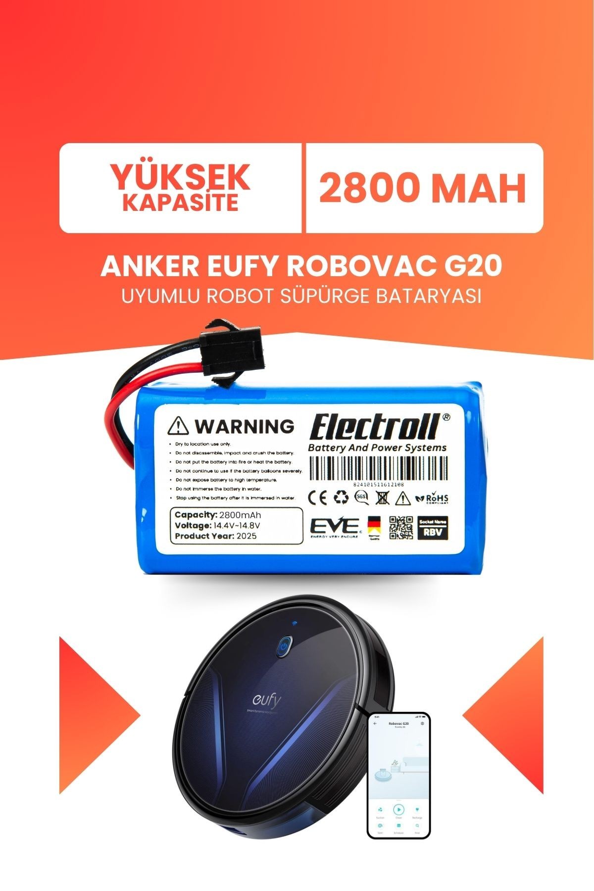 Eufy Robovac G20 Uyumlu Batarya (YÜKSEK KAPASİTE) 2800mah Pil Robot Süpürge Bataryası T2257