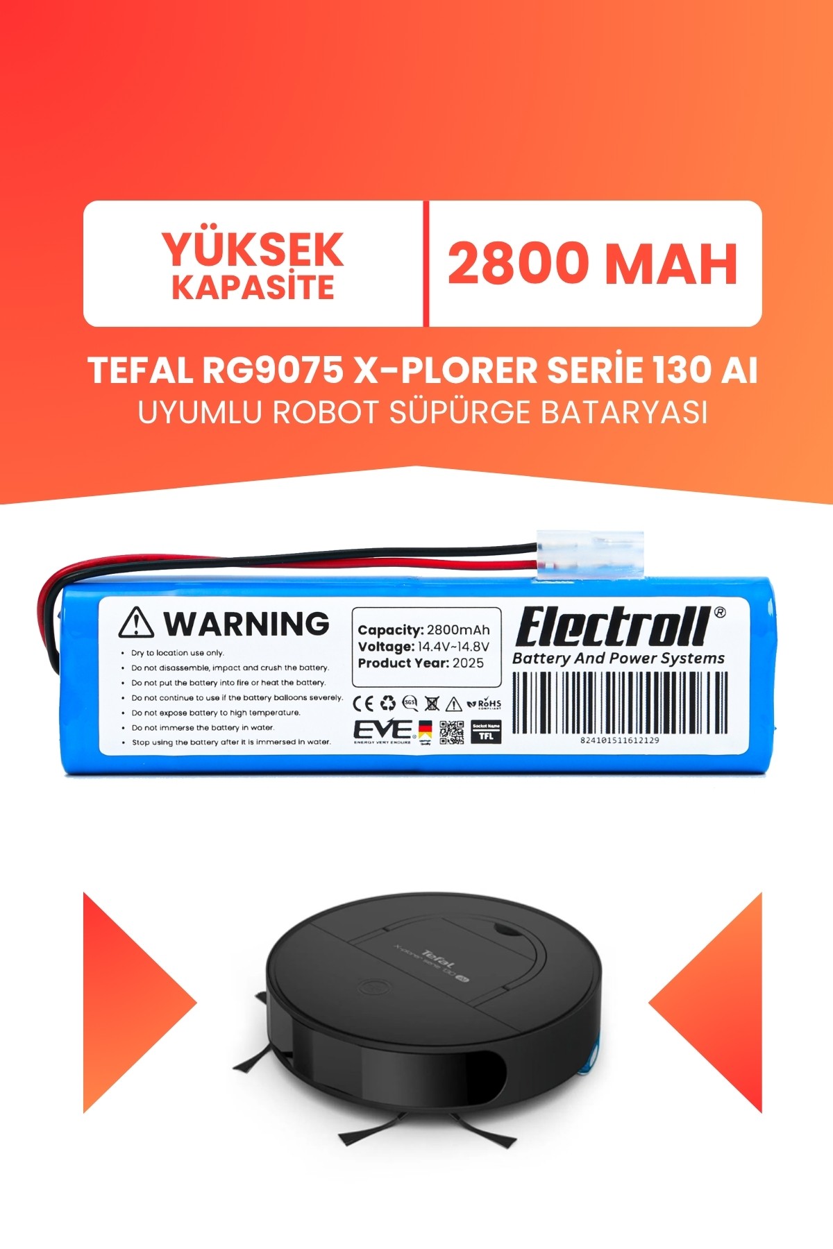 Tefal RG9075 X-Plorer Serie 130 AI Uyumlu Batarya (YÜKSEK KAPASİTE) 2800mah Pil Robot Süpürge Bataryası