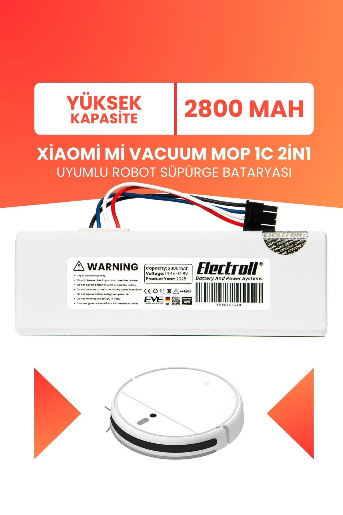 Xiaomi Mi Vacuum Mop 1c 2in1 Uyumlu Batarya (YÜKSEK KAPASİTE) 2800mah Robot Süpürge Pil STYTJ01ZHM