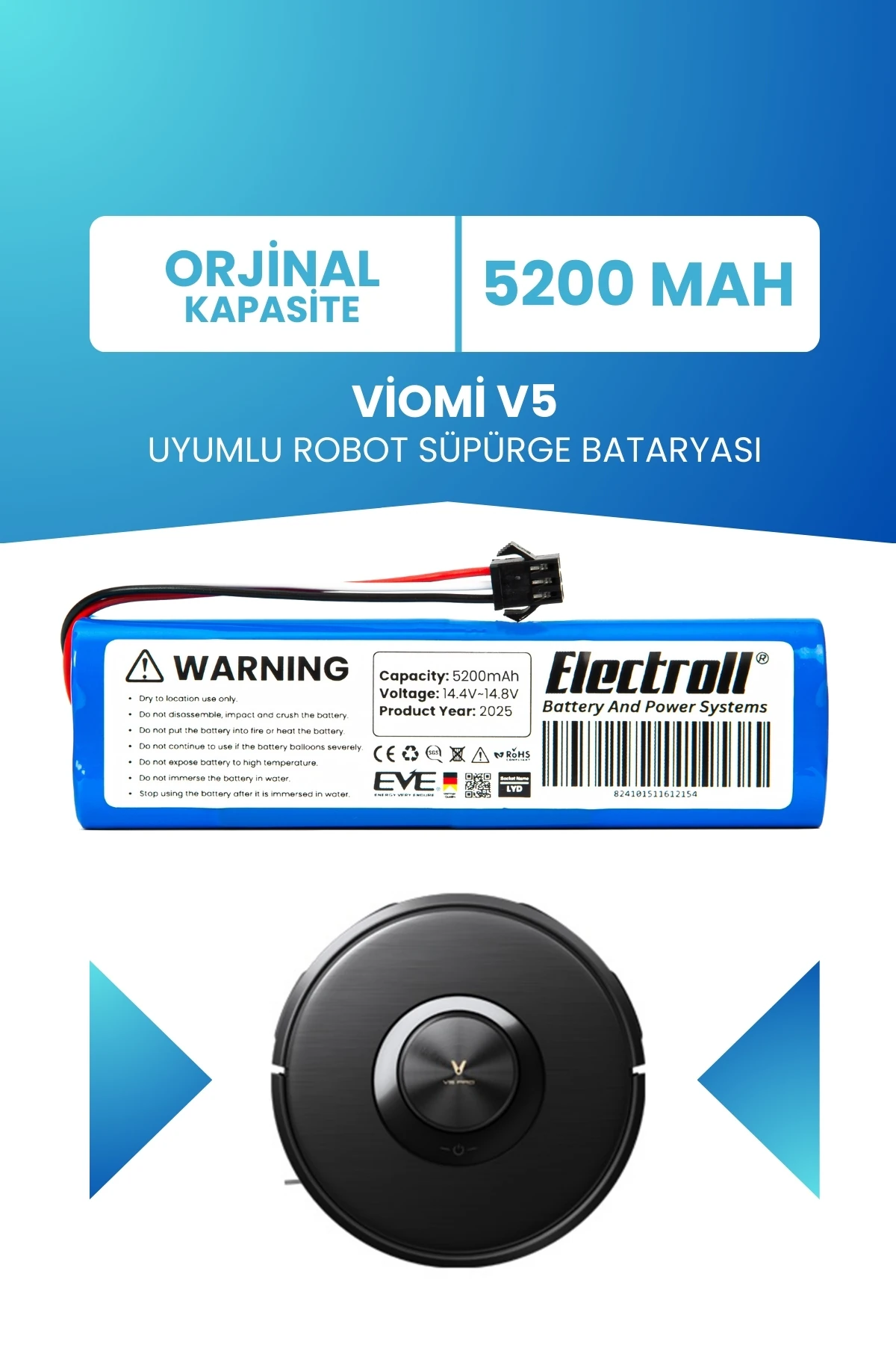 Viomi V5 Uyumlu Batarya (STANDART KAPASİTE) 5200mah Pil Robot Süpürge Bataryası Değişimi