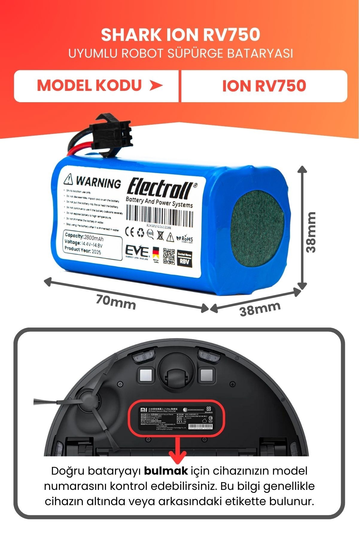 Shark Ion Rv750 Uyumlu Batarya (YÜKSEK KAPASİTE) 2800mah Pil Robot Süpürge Bataryası