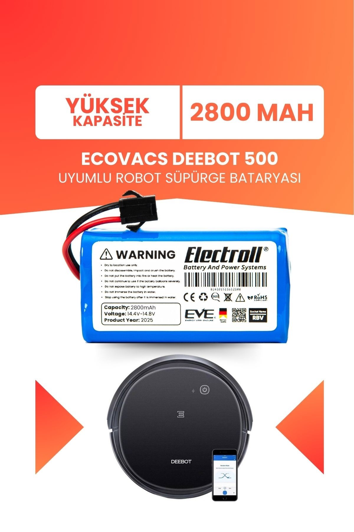 Ecovacs Deebot 500 Uyumlu Batarya (YÜKSEK KAPASİTE) 2800mah Pil Robot Süpürge Bataryası