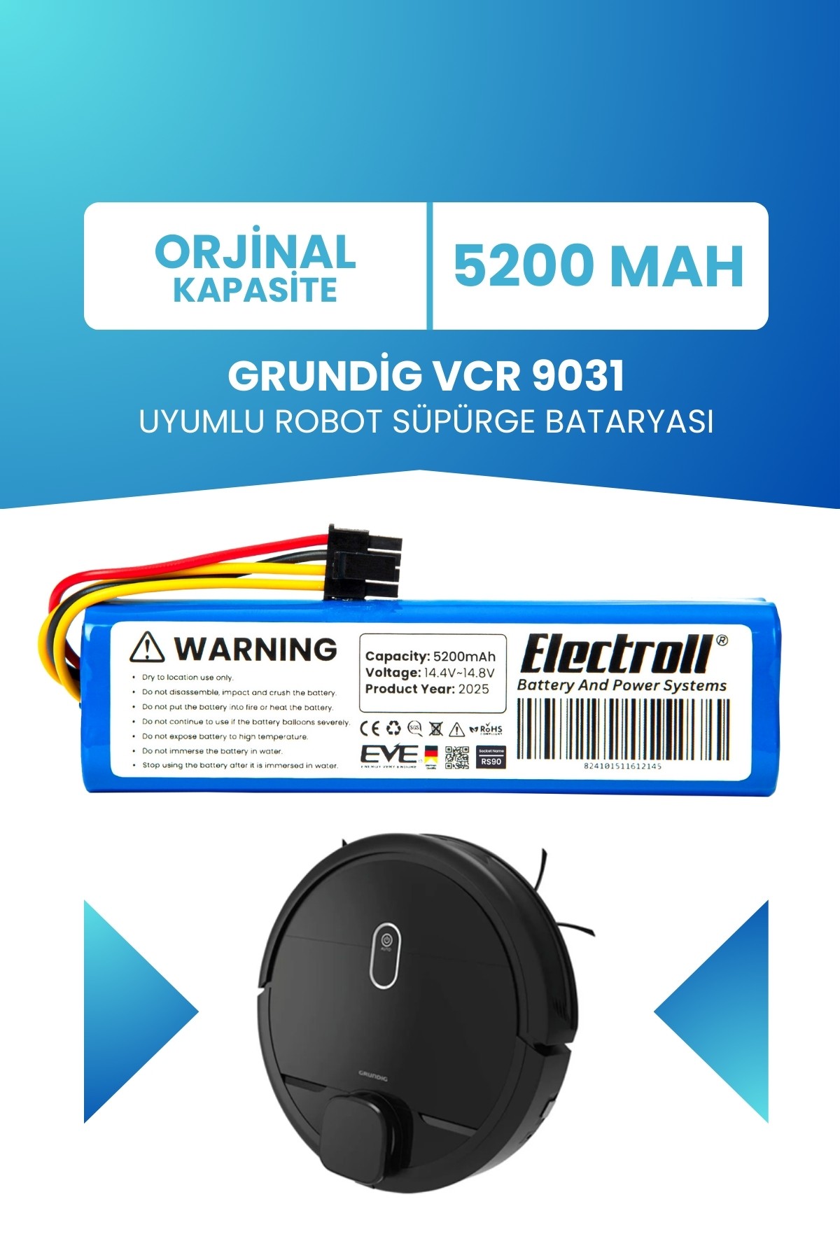 Grundig Vcr 9031 Uyumlu Batarya (STANDART KAPASİTE) 5200mah Robot Süpürge Bataryası