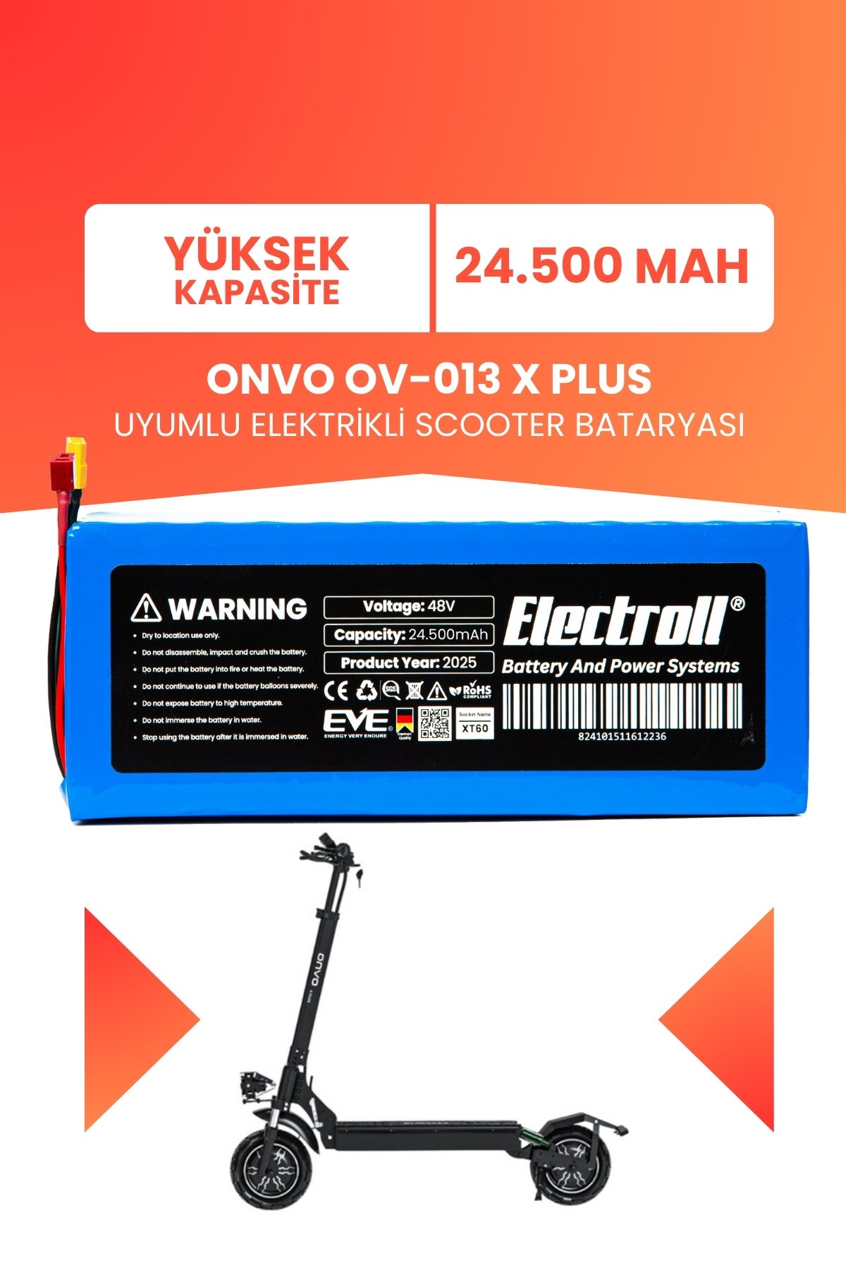 Onvo Ov-013 X Plus (YÜKSEK KAPASİTE) Batarya 48v 24.5ah Pil Elektrikli Scooter Bataryası