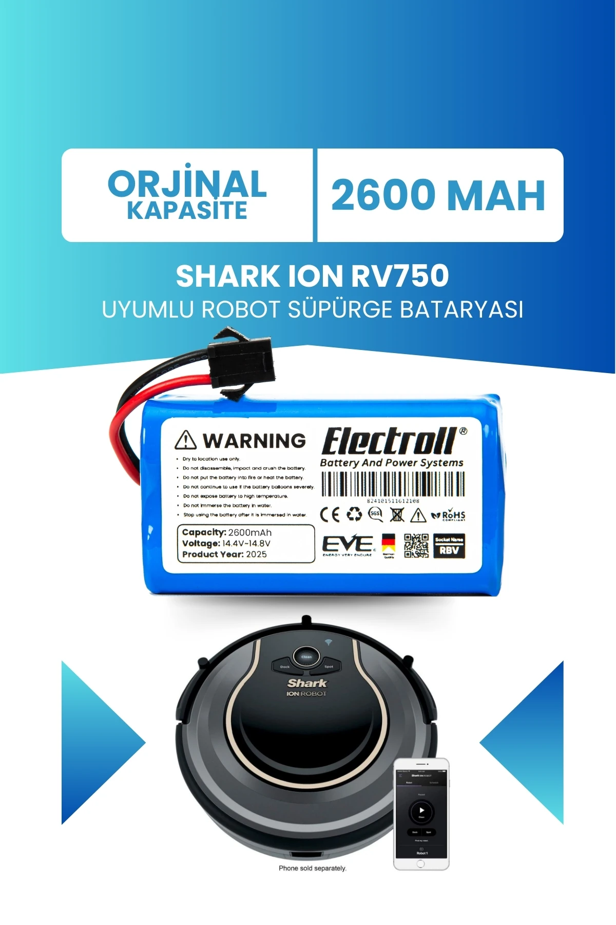 Shark Ion Rv750 Uyumlu Batarya (ORJİNAL KAPASİTE) 2600mah Pil Robot Süpürge Bataryası