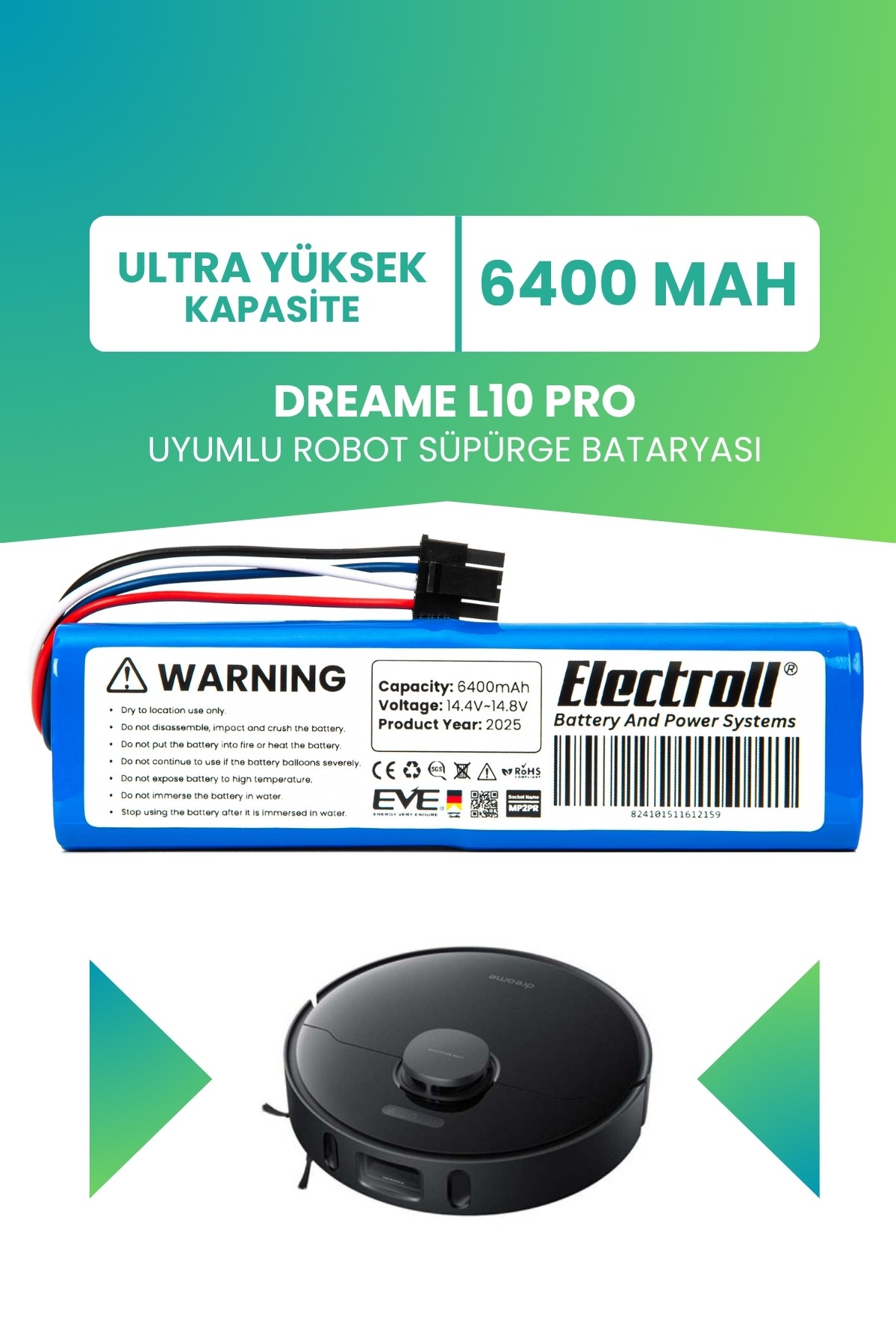 Dreame L10 Pro Uyumlu Batarya (ULTRA YÜKSEK KAPASİTE) 6400mah Pil Robot Süpürge Batarya RLS5R