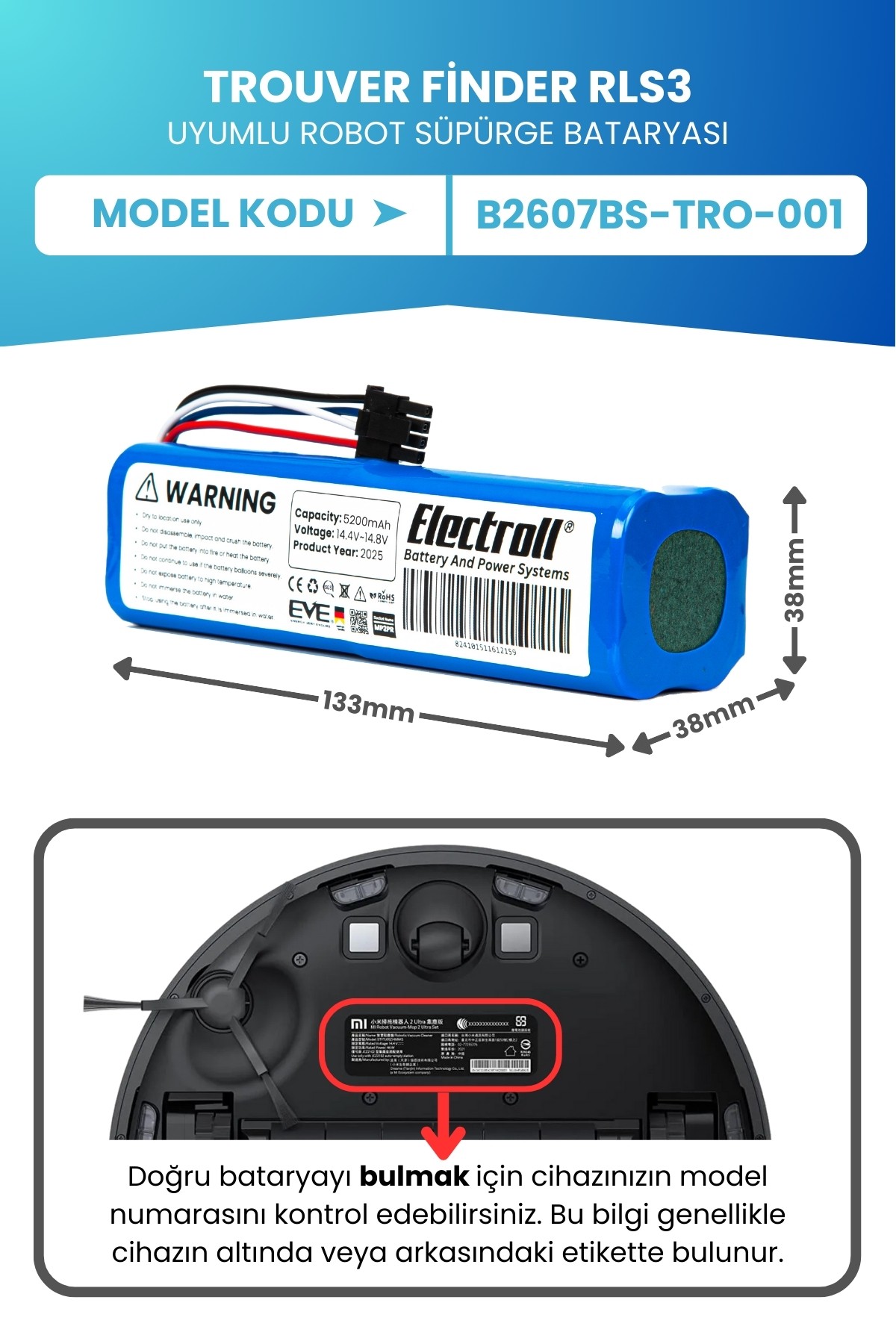 Trouver Finder RLS3 Uyumlu Batarya (STANDART KAPASİTE) 5200mah Robot Süpürge Bataryası
