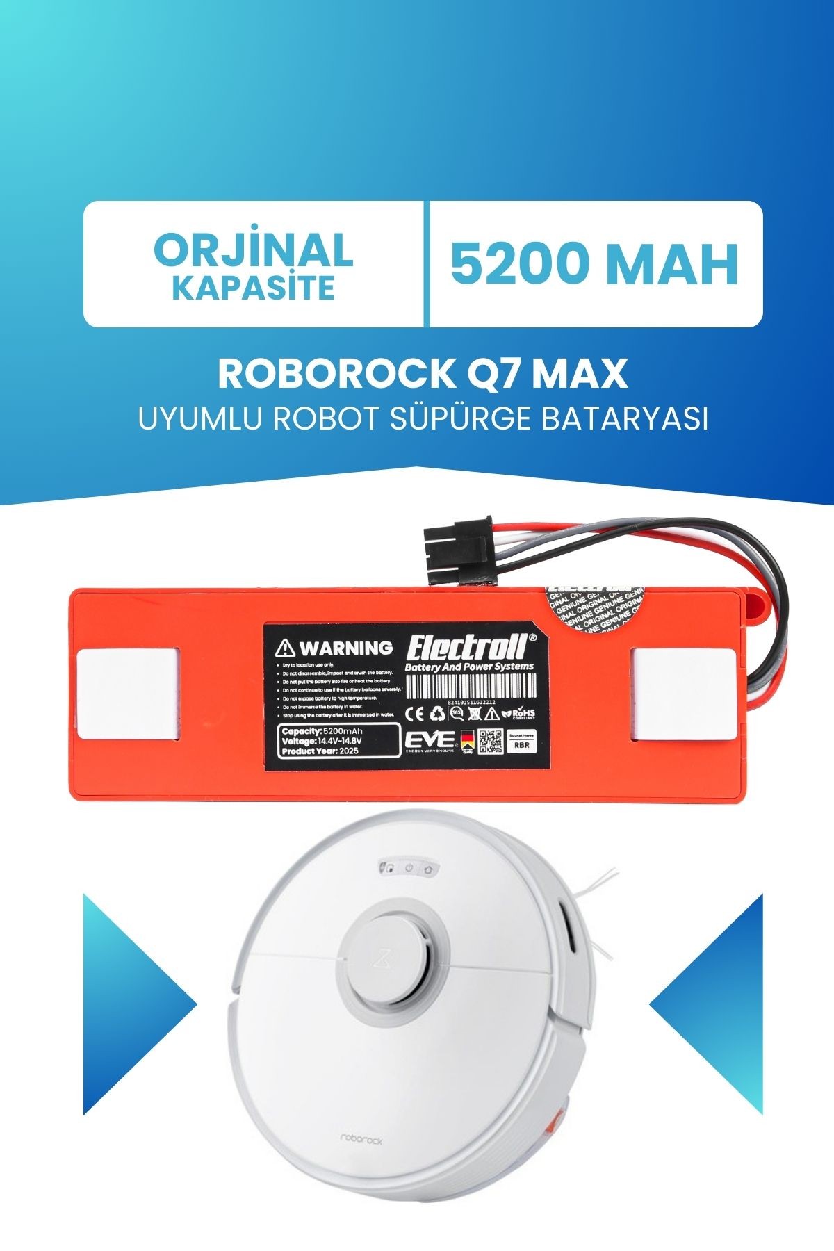 Roborock Q7 Max Uyumlu Batarya (ORJİNAL KAPASİTE) 5200mah Robot Süpürge Bataryası Değişimi