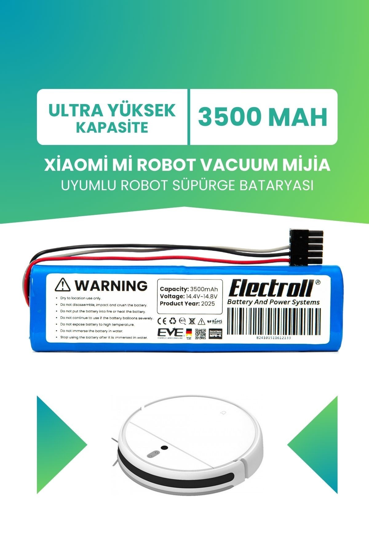 Xiaomi Mi Robot Vacuum Mijia Uyumlu Batarya (ULTRA YÜKSEK KAPASİTE) 3500mah Stytj01zhm Robot Süpürge