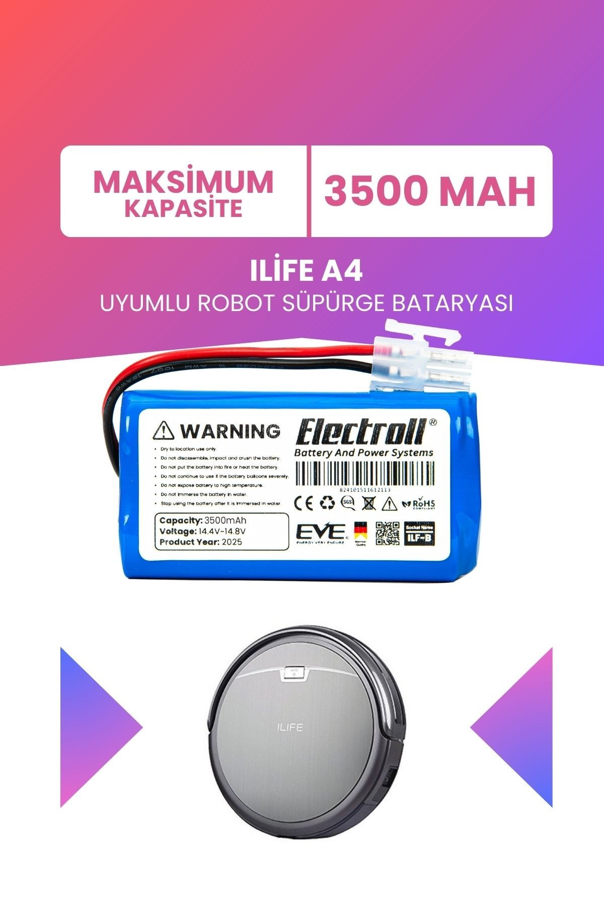 Ilife A4 Uyumlu Batarya (MAKSİMUM KAPASİTE) 3500mah Robot Süpürge Bataryası Değişimi