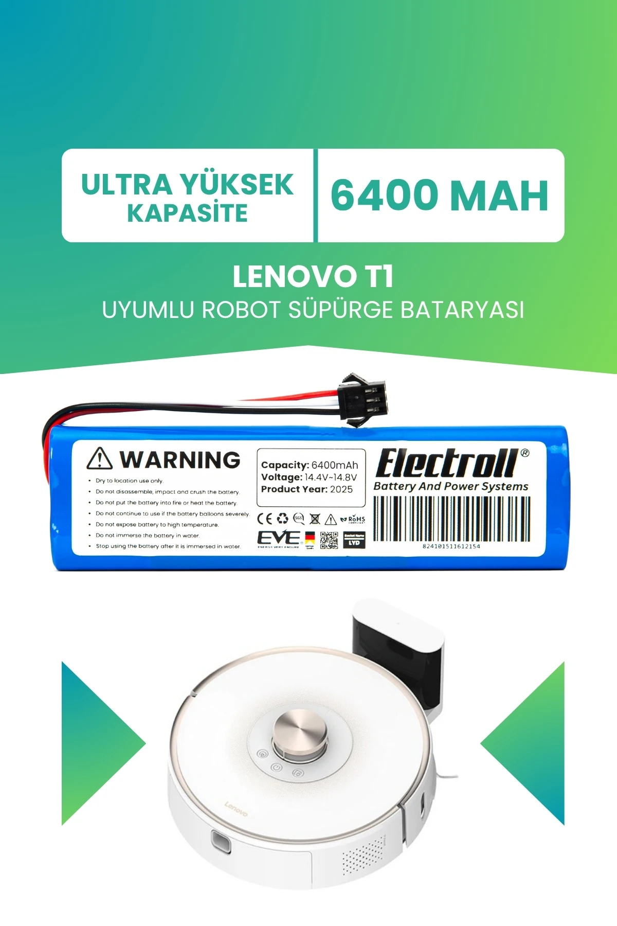 Lenovo T1 Uyumlu Batarya (ULTRA YÜKSEK KAPASİTE) 6400mah Pil Robot Süpürge Bataryası Değişimi