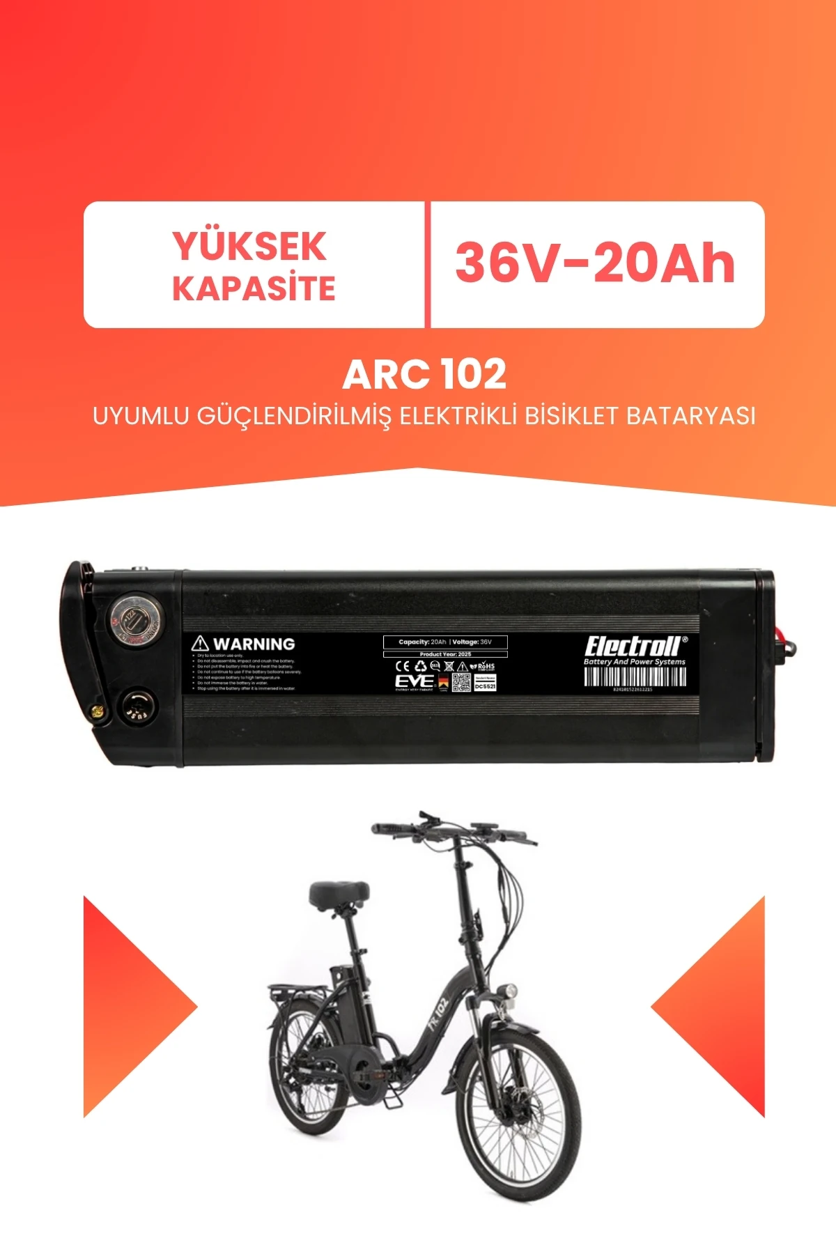 Arc 102 Uyumlu 36V 20Ah (Yüksek Kapasite) Güçlendirilmiş Elektrikli Bisiklet Batarya Tamir, Revizyon ve Pil Yenileme