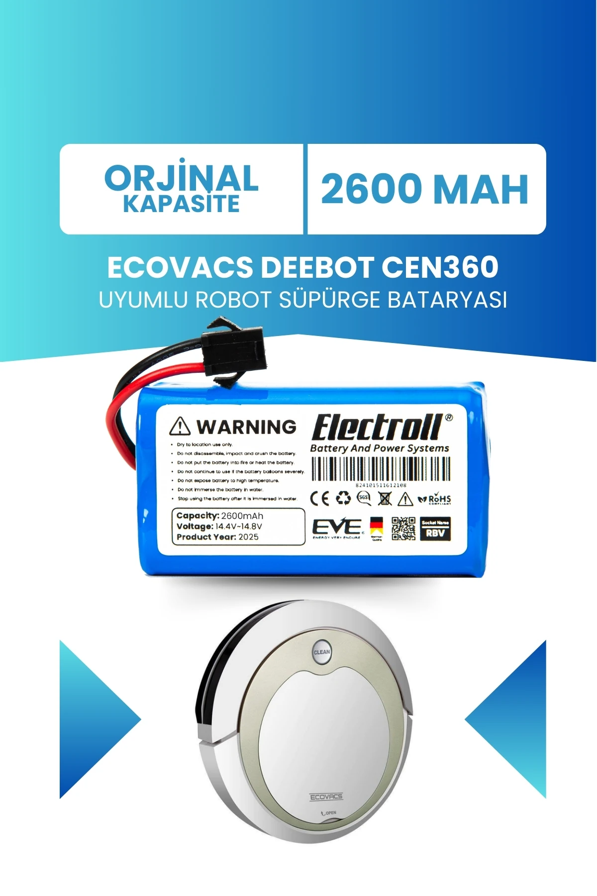 Ecovacs Deebot Cen360 Uyumlu Batarya (ORJİNAL KAPASİTE) 2600mah Pil Robot Süpürge Bataryası