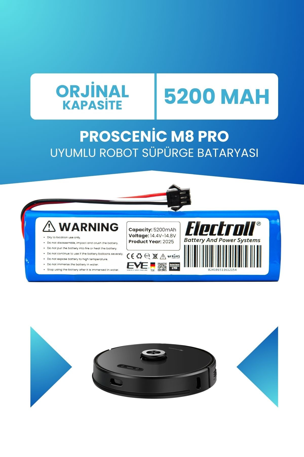 Proscenic M8 Pro Uyumlu Batarya (ORJİNAL KAPASİTE) 5200mah Pil Robot Süpürge Bataryası Değişimi